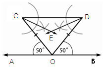 จากรูป กำหนดให้ มุม AOC = มุม BOD = 50 องศา และ OC = OD , มุม CED มีขนาดกี่องศา