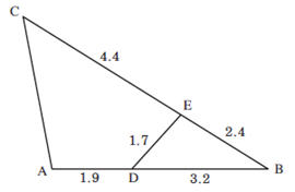 จากรูป กำหนดให้ ΔCAB ̴ ΔDEB ความยาวของด้าน AC ตรงกับข้อใด
