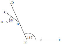 จากรูป กำหนดให้ ส่วนของเส้นตรง AB ขนานกับ ส่วนของเส้นตรง EF , มุม ABC = 35 องศา และ มุม DEF = 115 องศา มุม CBD มีขนาดกี่องศา