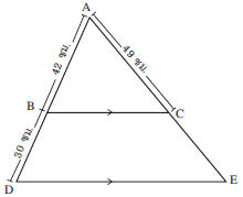 จากรูป กำหนดให้ ส่วนของเส้นตรง BC ขนานกับ ส่วนของเส้นตรง DE, AB = 42 เซนติเมตร, BD = 30 เซนติเมตร และ AC = 49 เซนติเมตร ความยาวของด้าน CE ตรงกับข้อใด