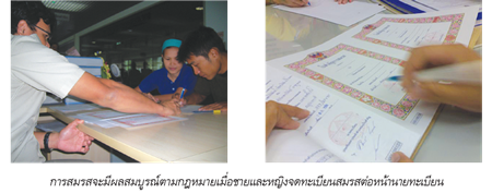 การสมรสจะมีผลสมบูรณ์ตามกฎหมายเมื่อชายและหญิงจดทะเบียนสมรสต่อหน้านายทะเบียน