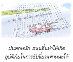 ฝนตกหนัก ถนนลื่นทำให้เกิดอุบัติภัยในการขับขี่ยานพาหนะได้